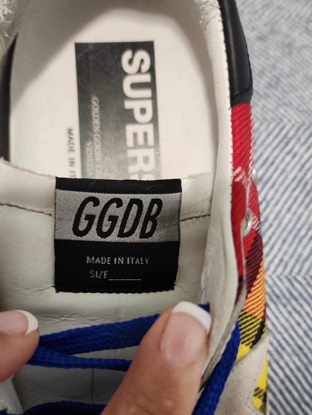 Golden Goose Superstar Plaid Low-Top Sneakers with Blue Laces - Picture 5 of 13